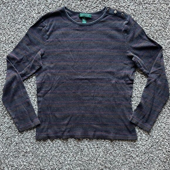 Dark Blue Purple Lauren Ralph Striped Long Sleeve Top with Button Shoulder - Picture 1 of 8